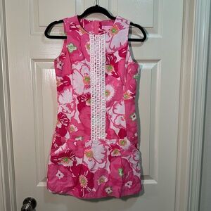 Lilly Pulitzer Girls Size 16 Crochet Pink Floral Drop Waist Dress Zip Pockets